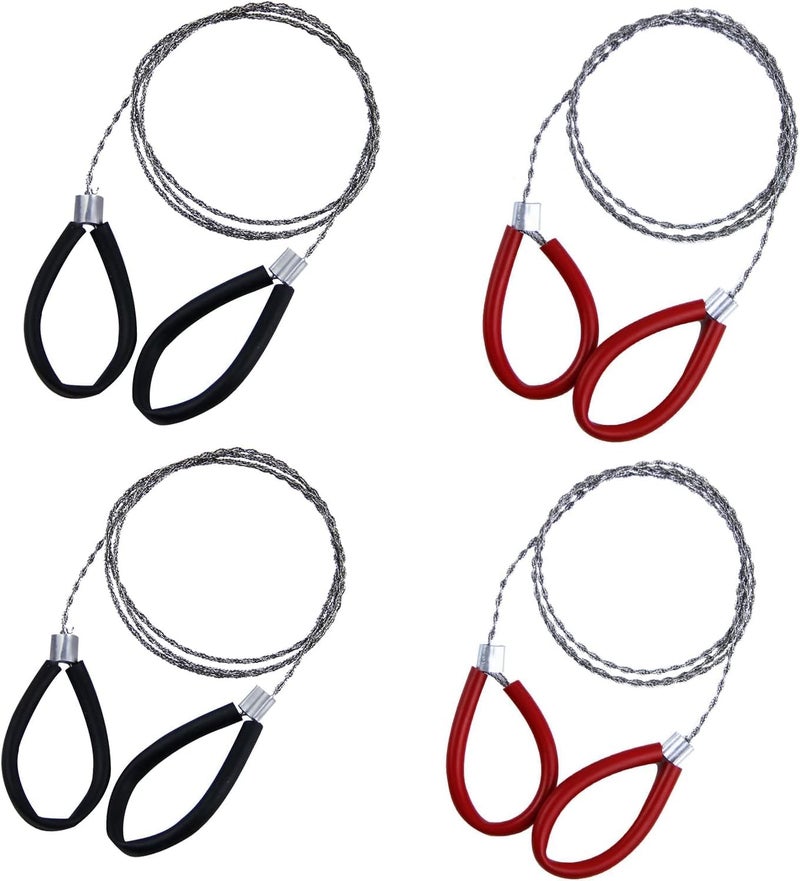 Abvsdu 4 Pcs Stainless Steel Cable Saw, Metal Wire Saw Hand Pocket String Rope Saw Emergency Survival Saw PVC Pipe Cable Saw for Wood Camping Hiking Hunting Red and Black 23.62 Inch - Image 1